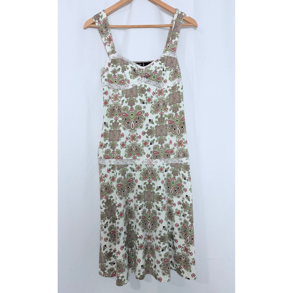 Y2K Paisley Floral Lace Trim Midi Dress‎ Drop Waist Pink Green Size 6 Jazz 90s